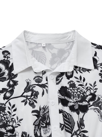 Black 1940s Plants Floral Shirt Collar Belted Dress