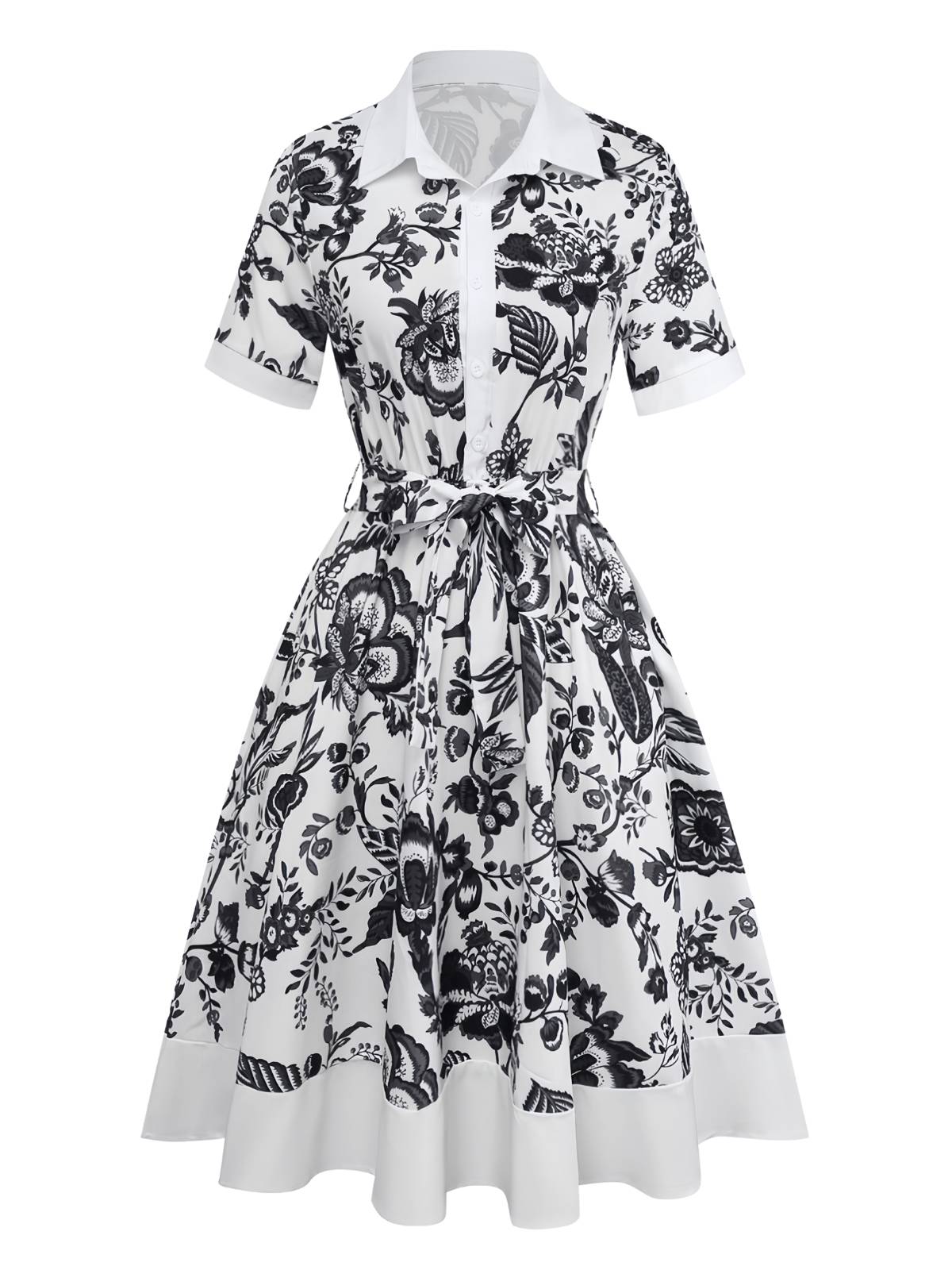 Black 1940s Plants Floral Shirt Collar Belted Dress