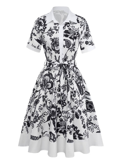 Black 1940s Plants Floral Shirt Collar Belted Dress