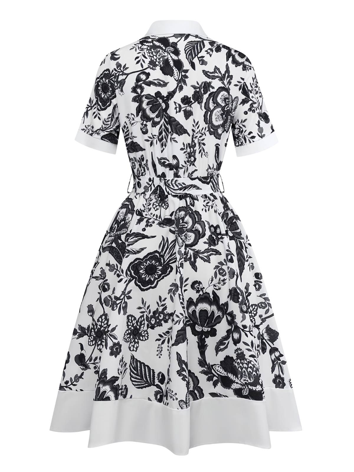 Black 1940s Plants Floral Shirt Collar Belted Dress