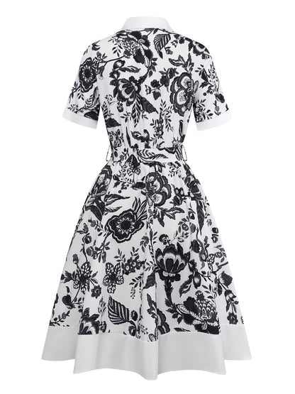 Black 1940s Plants Floral Shirt Collar Belted Dress