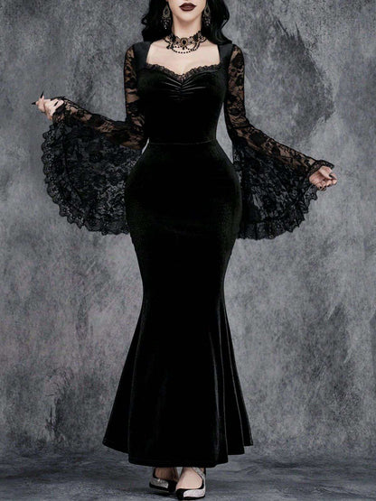 Black 1930s Lace Sleeve Velvet Fishtail Dress