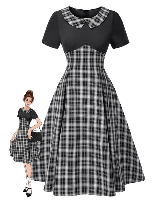[Pre-Sale] Black 1950s Lapel Pleated Plaid Patchwork Dress