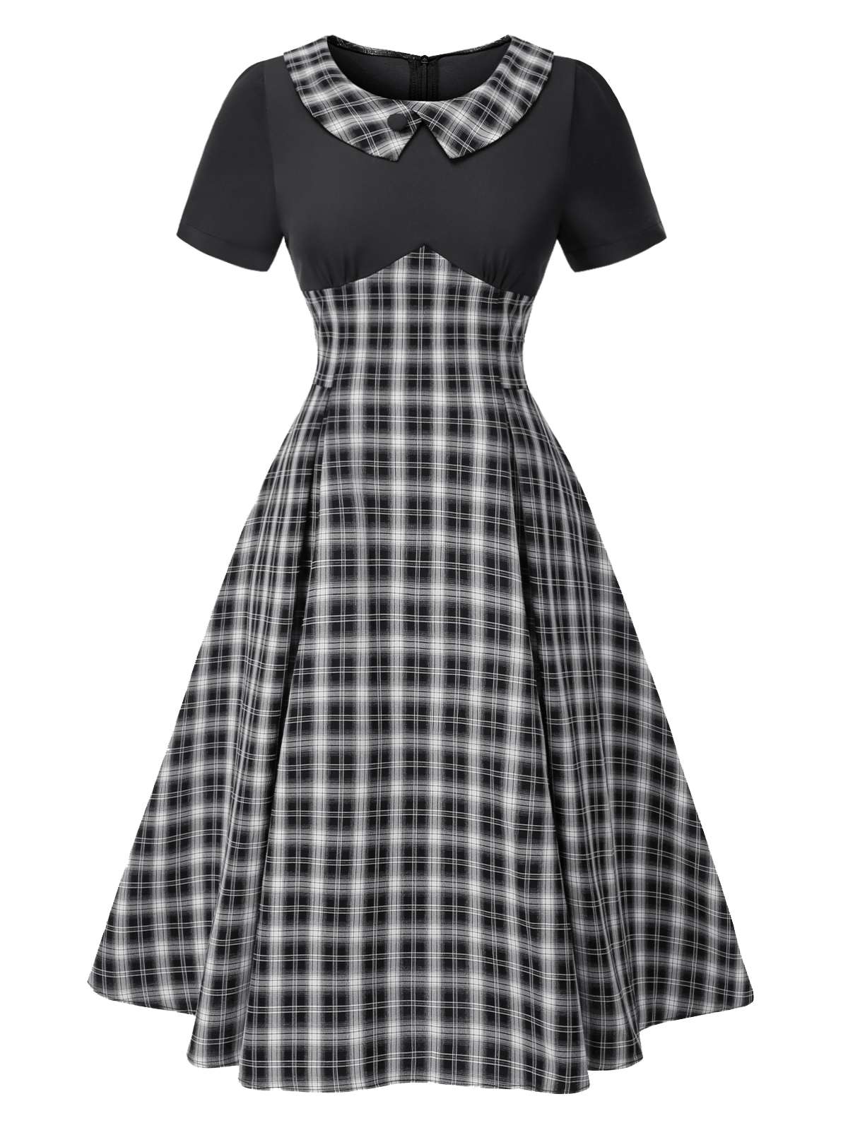 [Pre-Sale] Black 1950s Lapel Pleated Plaid Patchwork Dress