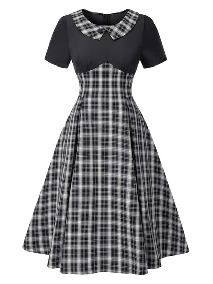 [Pre-Sale] Black 1950s Lapel Pleated Plaid Patchwork Dress