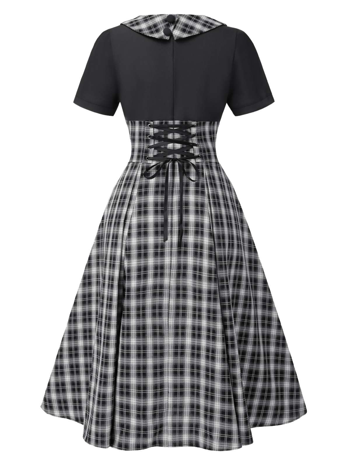 [Pre-Sale] Black 1950s Lapel Pleated Plaid Patchwork Dress