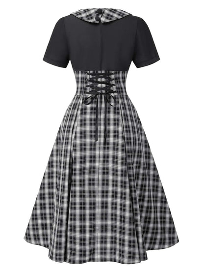 [Pre-Sale] Black 1950s Lapel Pleated Plaid Patchwork Dress