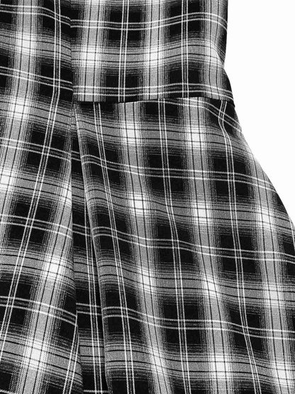 [Pre-Sale] Black 1950s Lapel Pleated Plaid Patchwork Dress