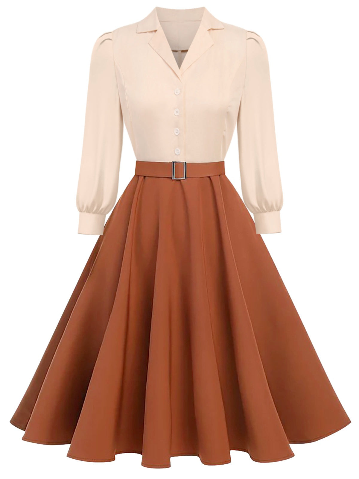 [Pre-Sale] Khaki 1950s Colorblock Long Sleeve Button Dress