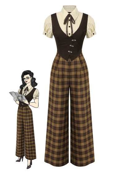 [Pre-Sale] Brown 1930s Faux 3PCS Bow Plaid Jumpsuit