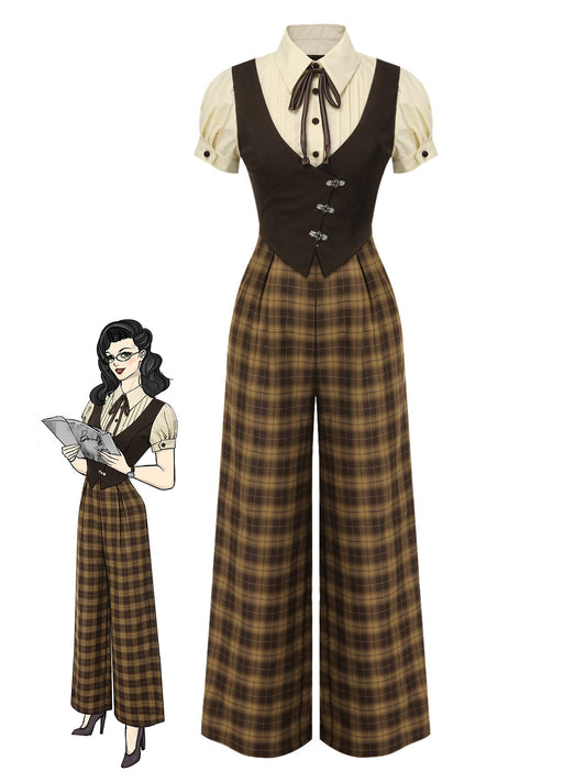[Pre-Sale] Brown 1930s Faux 3PCS Bow Plaid Jumpsuit