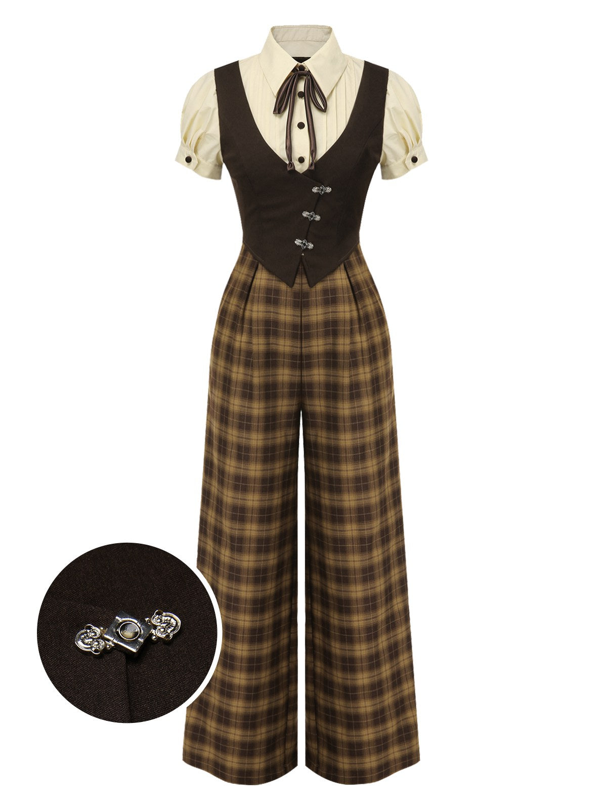 [Pre-Sale] Brown 1930s Faux 3PCS Bow Plaid Jumpsuit