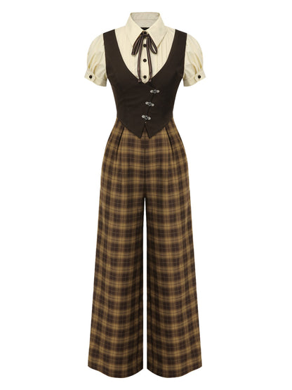 [Pre-Sale] Brown 1930s Faux 3PCS Bow Plaid Jumpsuit