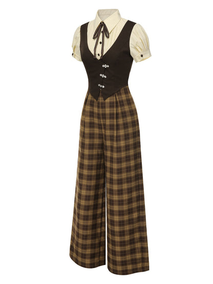 [Pre-Sale] Brown 1930s Faux 3PCS Bow Plaid Jumpsuit
