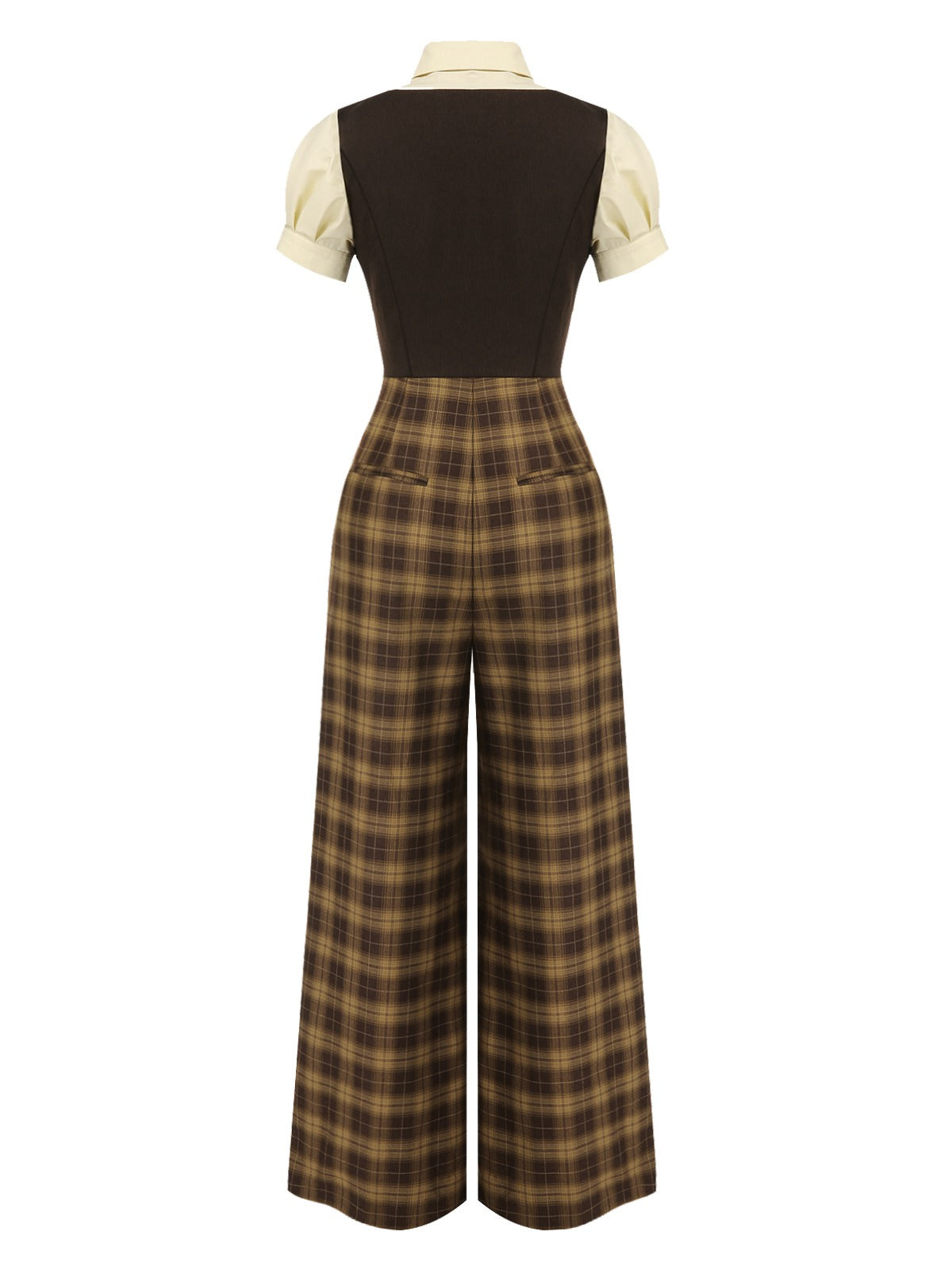 [Pre-Sale] Brown 1930s Faux 3PCS Bow Plaid Jumpsuit