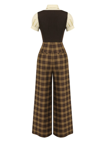 [Pre-Sale] Brown 1930s Faux 3PCS Bow Plaid Jumpsuit