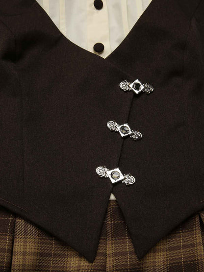 [Pre-Sale] Brown 1930s Faux 3PCS Bow Plaid Jumpsuit