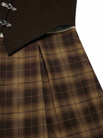 [Pre-Sale] Brown 1930s Faux 3PCS Bow Plaid Jumpsuit