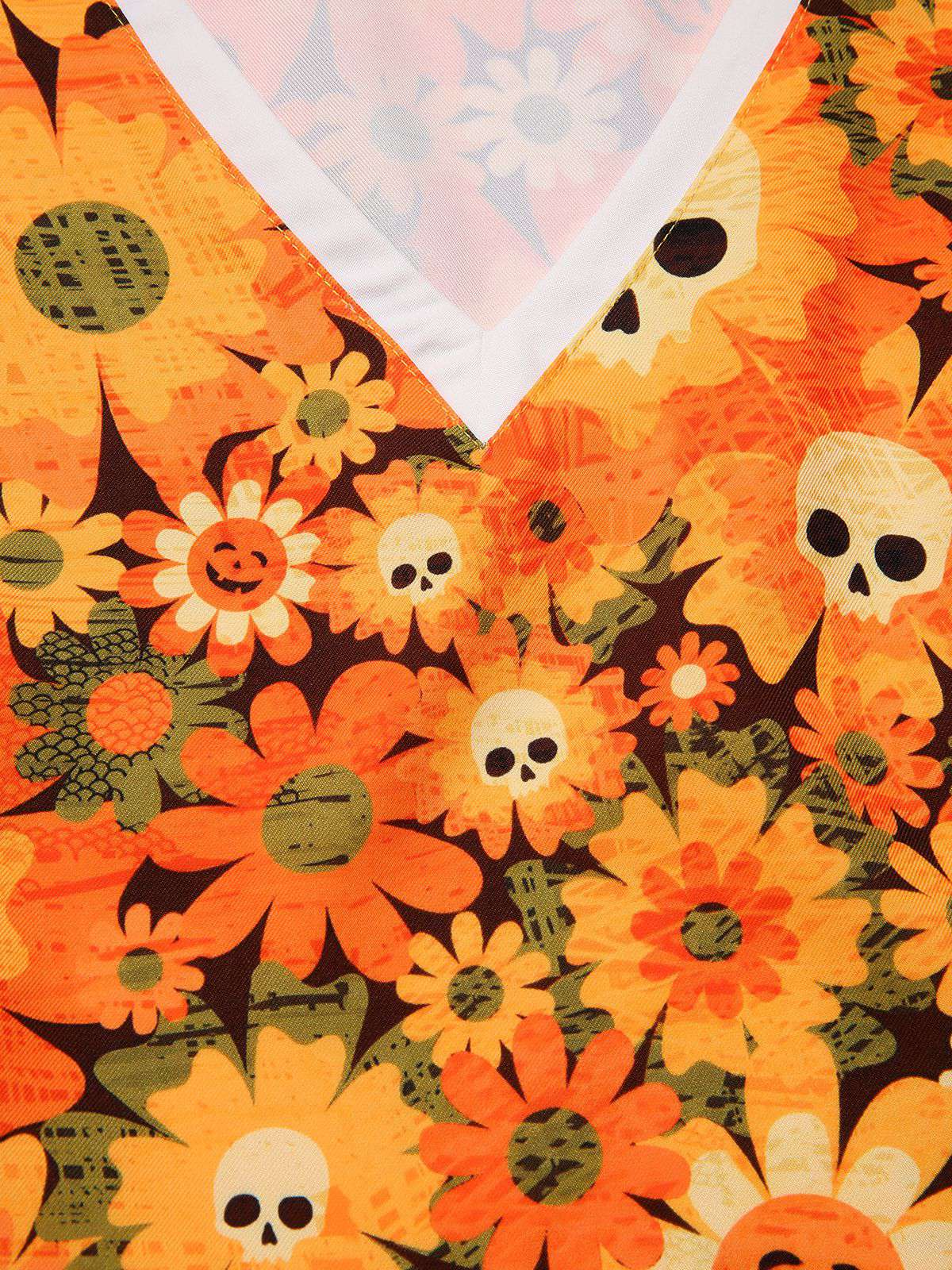 [Pre-Sale] Orange 1960s Halloween Skull Floral Print V-Neck Dress