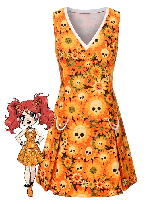 [Pre-Sale] Orange 1960s Halloween Skull Floral Print V-Neck Dress