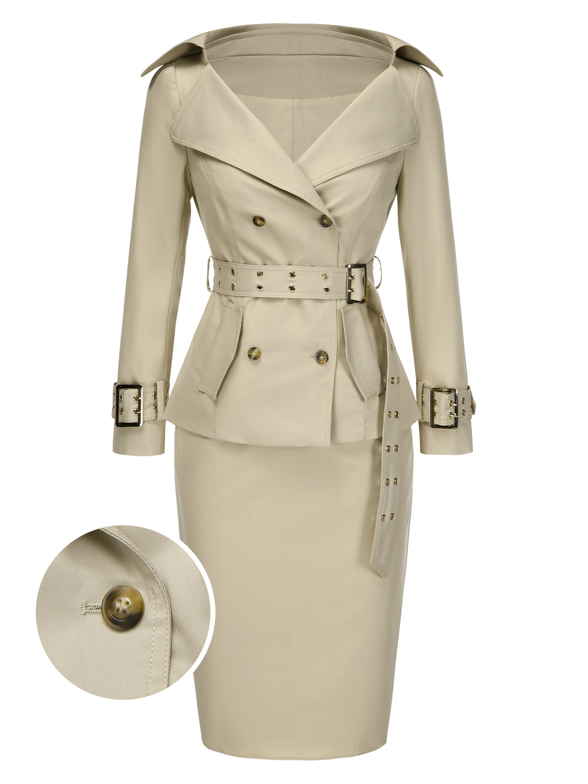 [Pre-Sale] 2PCS Khaki 1980s Lapel Belted Jacket & Pencil Skirt