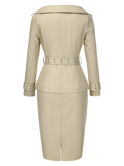 [Pre-Sale] 2PCS Khaki 1980s Lapel Belted Jacket & Pencil Skirt