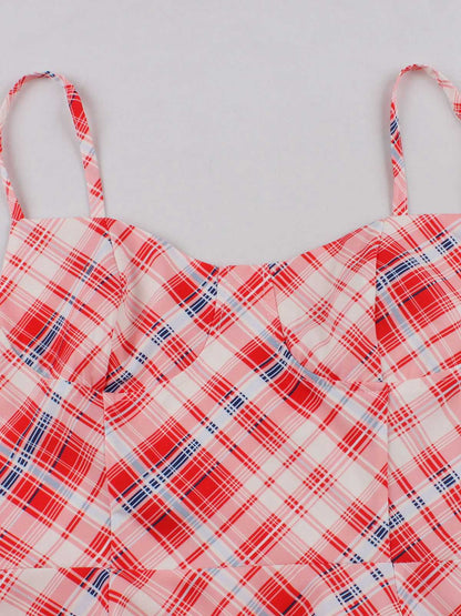 Red 1950s Spaghetti Straps Plaid Swing Dress