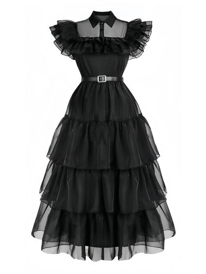 Black 1950s Halloween Organza Ruffled Lapel Dress