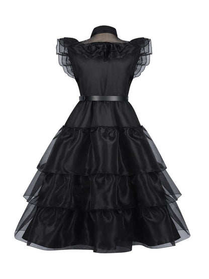 Black 1950s Halloween Organza Ruffled Lapel Dress