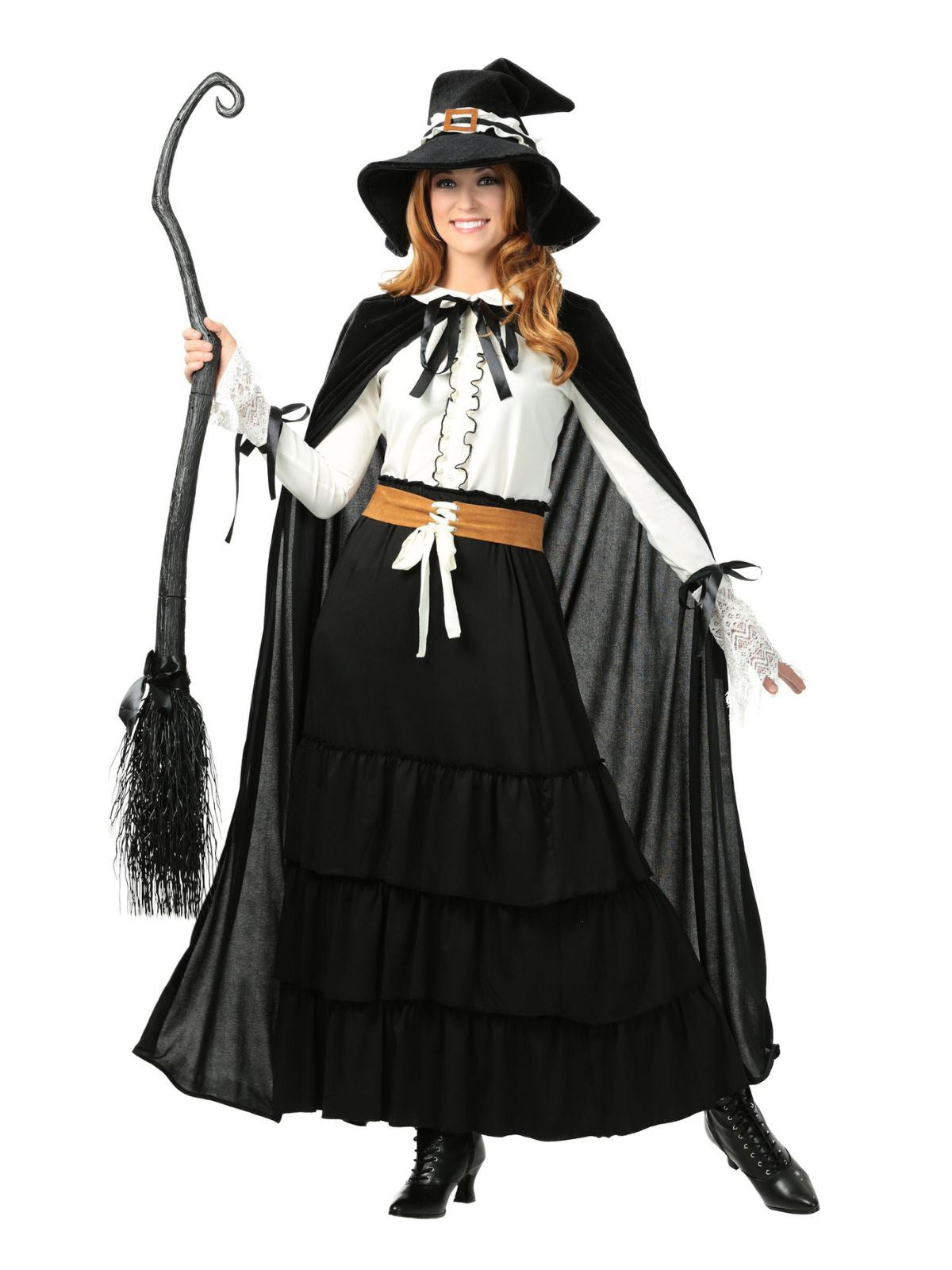 2PCS Black 1950s Halloween Witch Lace Ruffled Blouse & Skirt