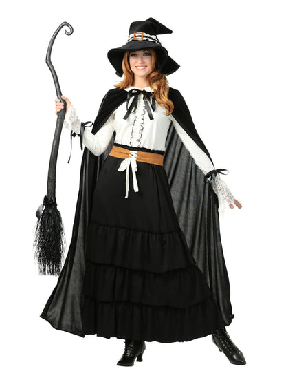 2PCS Black 1950s Halloween Witch Lace Ruffled Blouse & Skirt