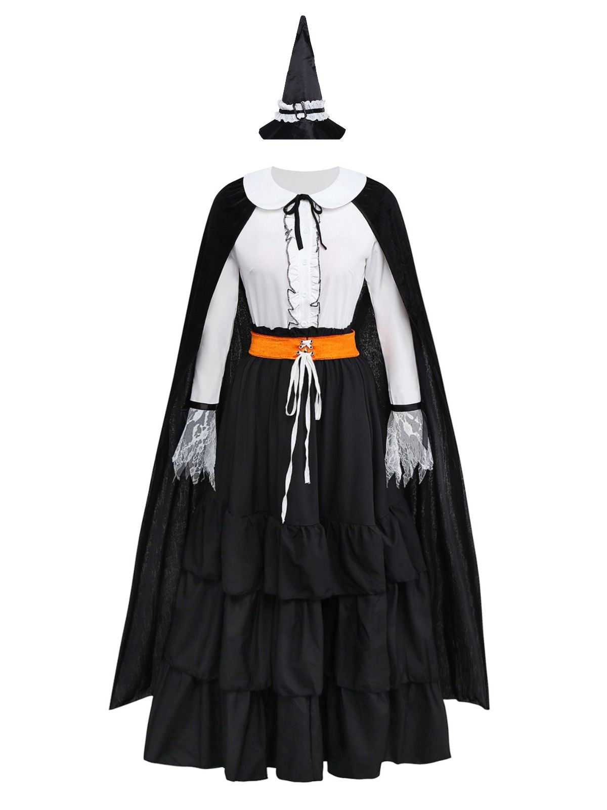 2PCS Black 1950s Halloween Witch Lace Ruffled Blouse & Skirt