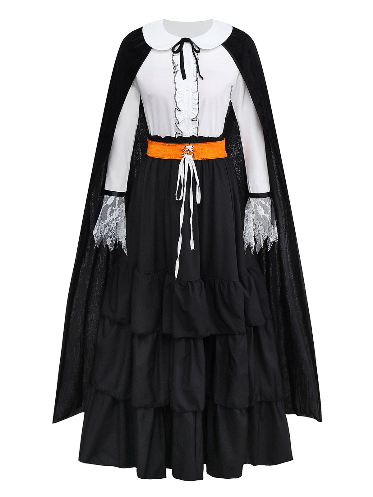 2PCS Black 1950s Halloween Witch Lace Ruffled Blouse & Skirt