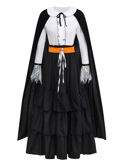 2PCS Black 1950s Halloween Witch Lace Ruffled Blouse & Skirt