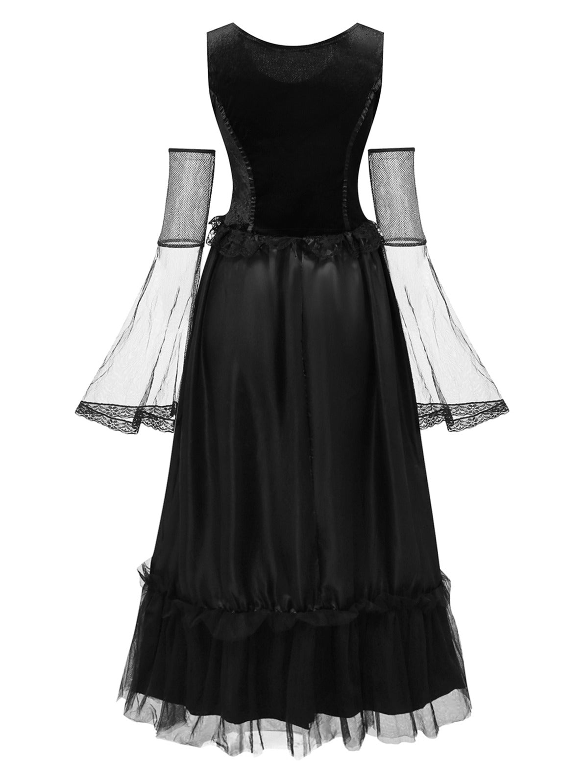 Black 1980s Halloween Mesh Patchwork Dress With Cape