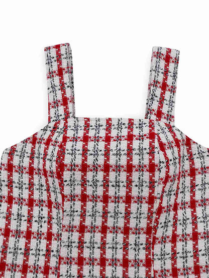 Red 1960s Plaid Tweed Vest Dress
