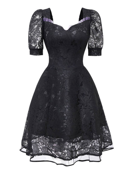 Black 1950s Gothic Witch Bride Lace Embroidered Dress