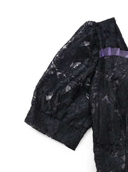 Black 1950s Gothic Witch Bride Lace Embroidered Dress