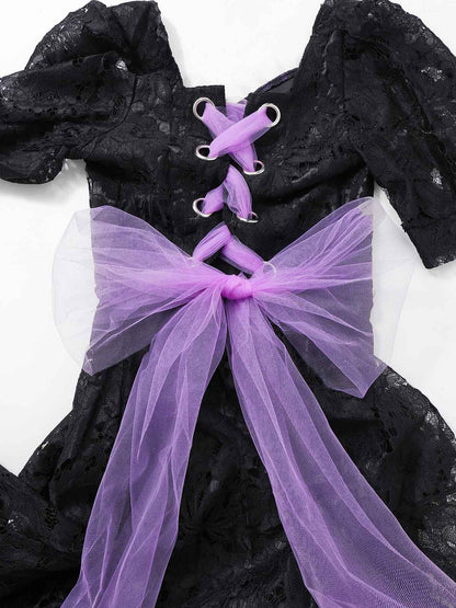 Black 1950s Gothic Witch Bride Lace Embroidered Dress