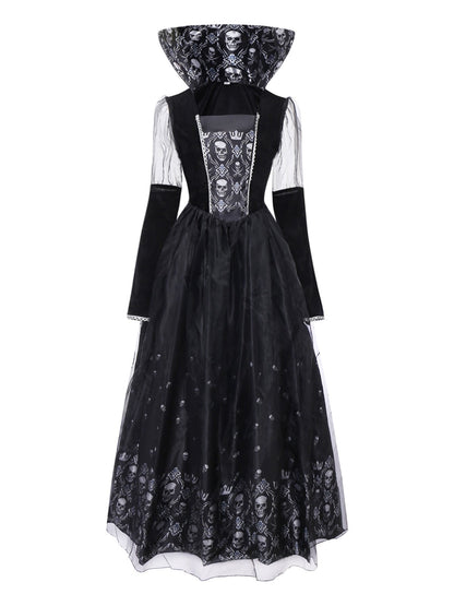 Black 1980s Queen Skull Long Sleeve Mesh Dress