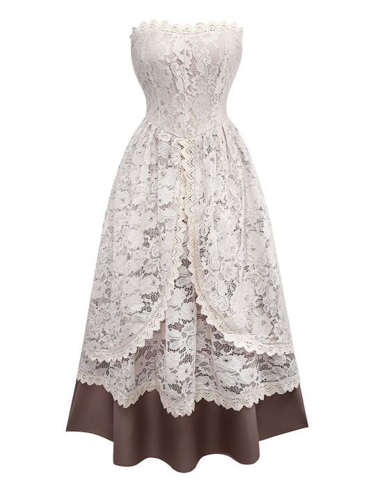 Beige 1930s Halloween Vampire Bride Lace Dress Set