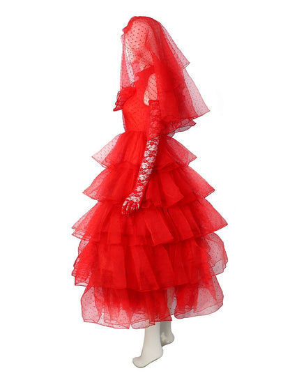 Red 1950s Halloween Ghost Bride Dots Dress Set