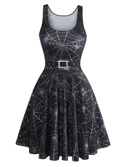 Black 1950s Halloween Spider Web Sleeveless Dress