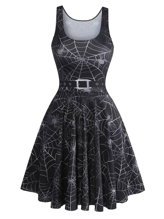 Black 1950s Halloween Spider Web Sleeveless Dress