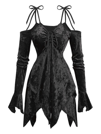 1960s Velvet Batwing Sleeve Irregular Hem Dress