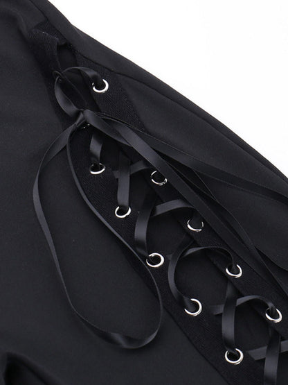Black 1980s Punk Drawstring Laced Bootcut Pants