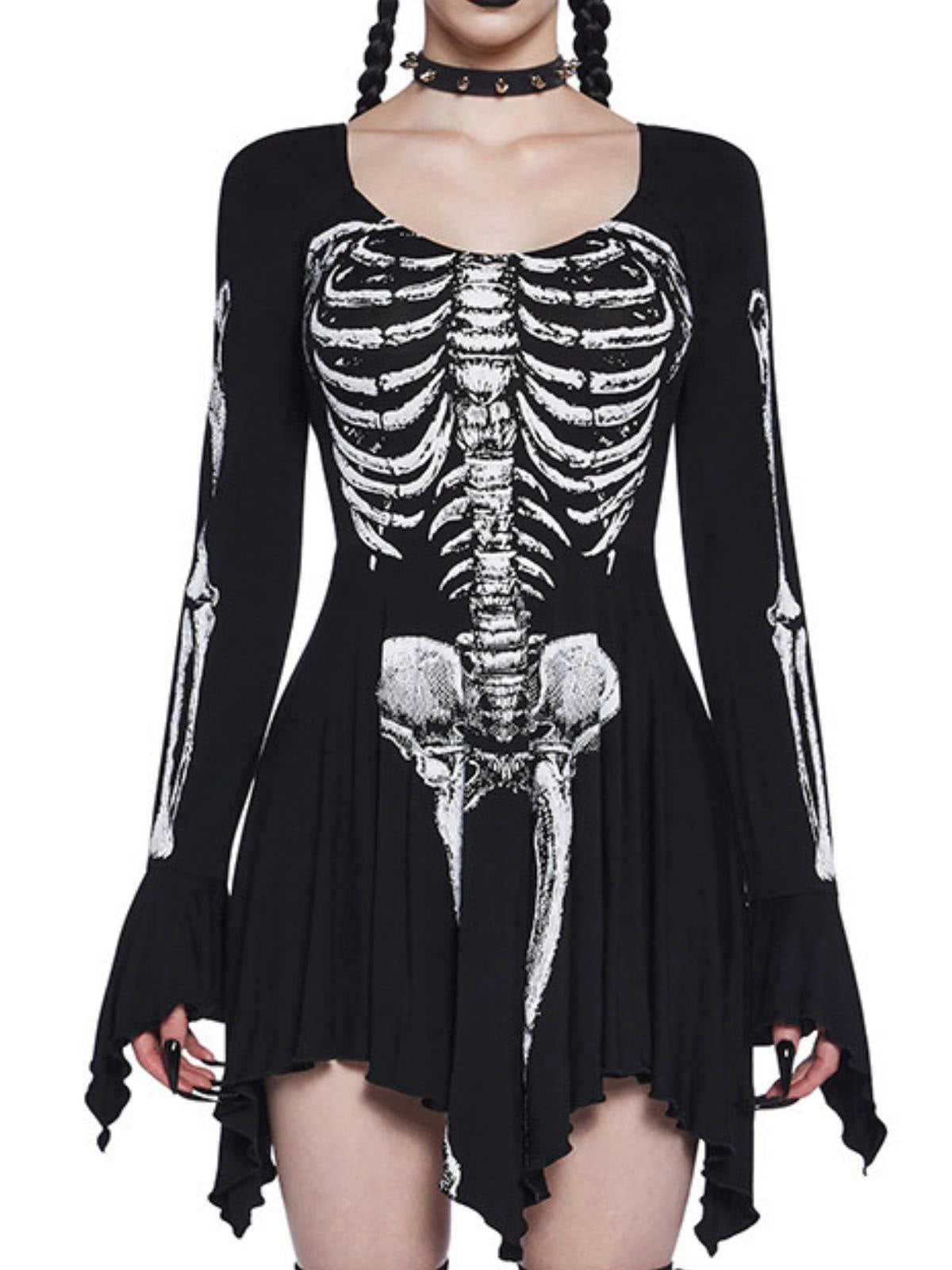 Black 1980s Halloween Skull Print Mini Dress