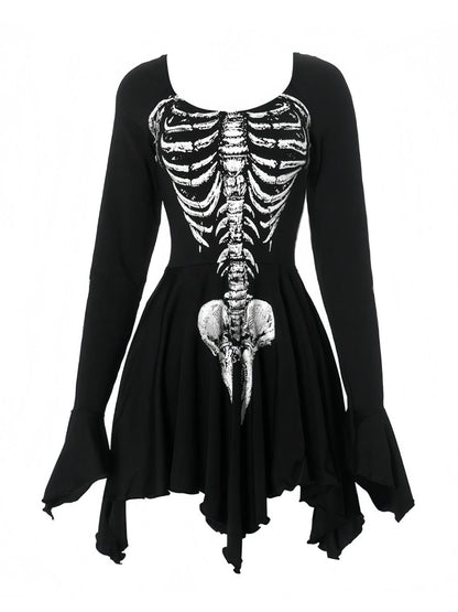 Black 1980s Halloween Skull Print Mini Dress
