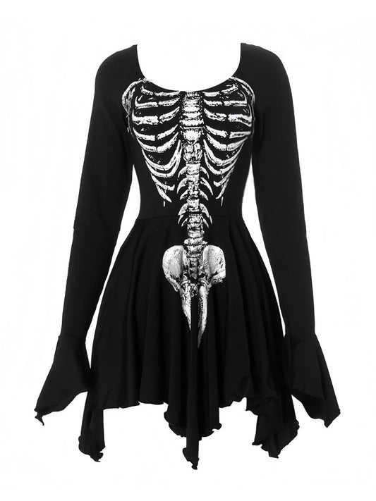 Black 1980s Halloween Skull Print Mini Dress