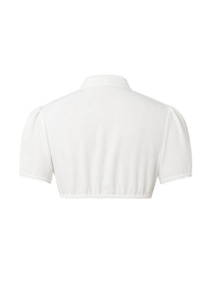 White 1950s Solid Pleated V-Neck Puff Crop Blouse